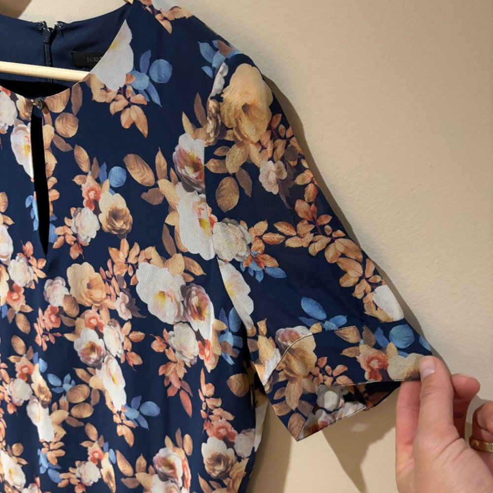 J. Crew Floral Silk Short Sleeve Shift Dress - 12 Tall, Blue White Pink - Picture 3 of 9